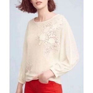 Anthropologie Akemi & Kin Sweater Top XS Extra Small Cream Pink Embroidered